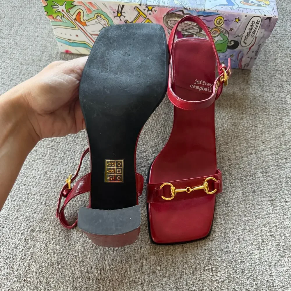 Jeffrey Campbell Lively Red Leather Horsebit Sandal Heels Size 8